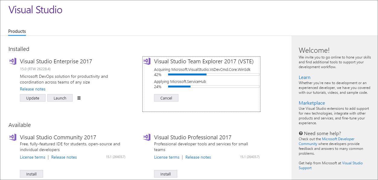 Visual Studio Team Explorer 2017 VSTE Installing Side by Side